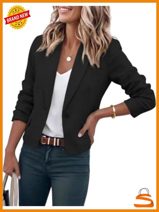 Jackets & Blazers - Lightweight Cotton Linen Cropped Blazer with Notch Lapel - Casual Suit Jacket